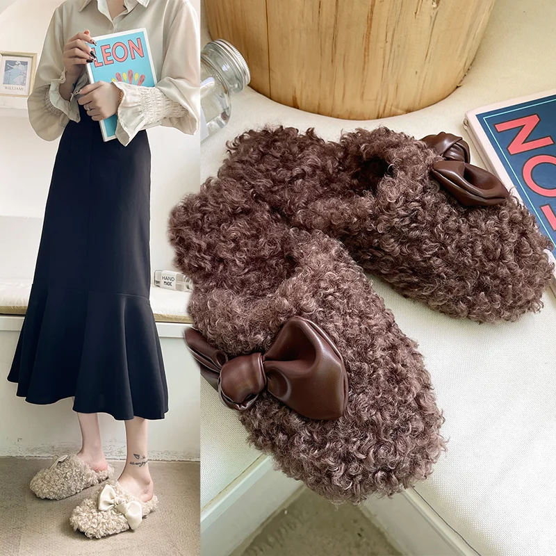 Baotou Slippers Women's Outer Wear Spring, Autumn and Winter Lamb Hair All-match Fashion Sandals Plush Flat Bow Hairy Shoes