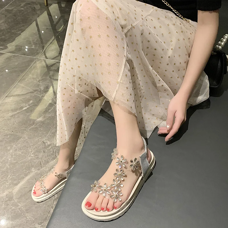 

Female Sandal 2021 Summer Black Shoes for Women Clear Heels Anti-Skid Med Girls Beige Medium Comfort New Flat Fashion Flower Flo