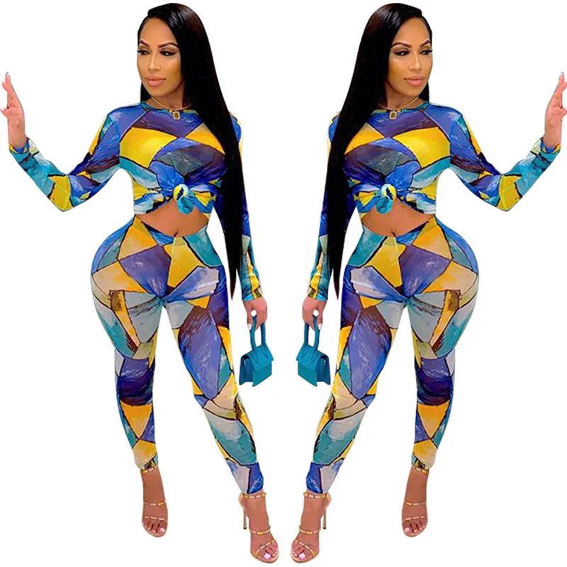 

Plus Size Geomatic Print 2 Pieces Sets 2020 Women Long Sleeve Patchwork T-shirt Tops High Waist Long Pants Trousers