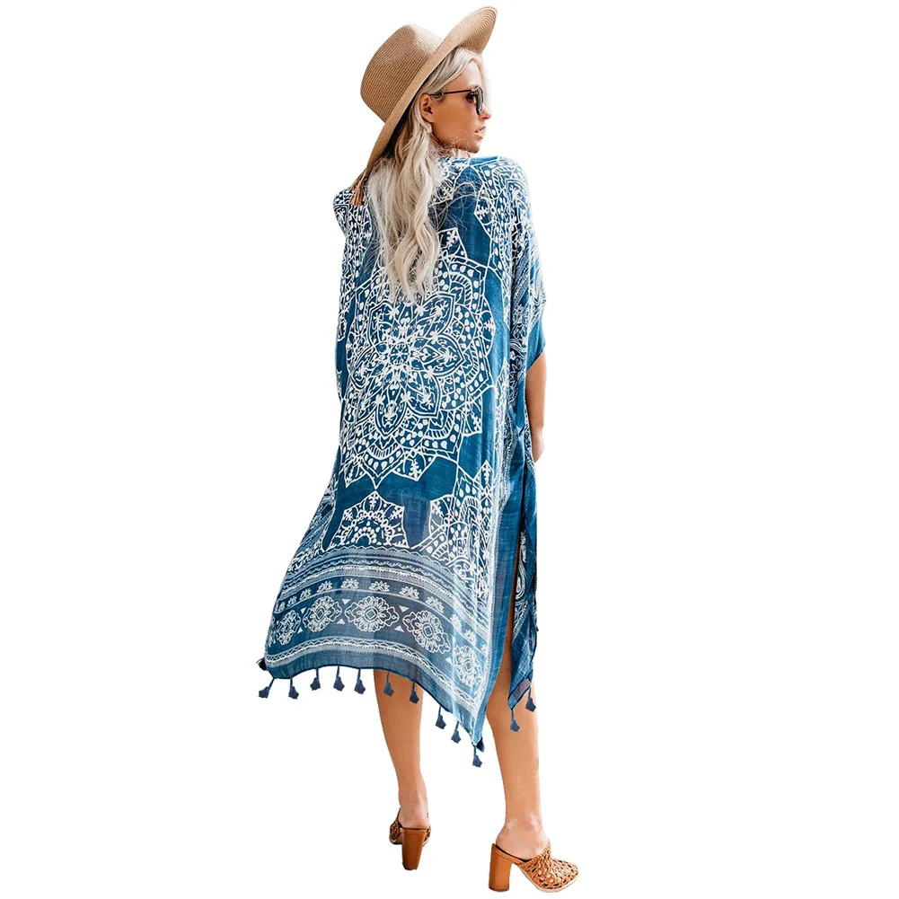 Shi ying Hawaii Seaside Holiday Printed Tassels Kimono Blouse Cardigan Mid-length Beach Jacket Women's 85283 |