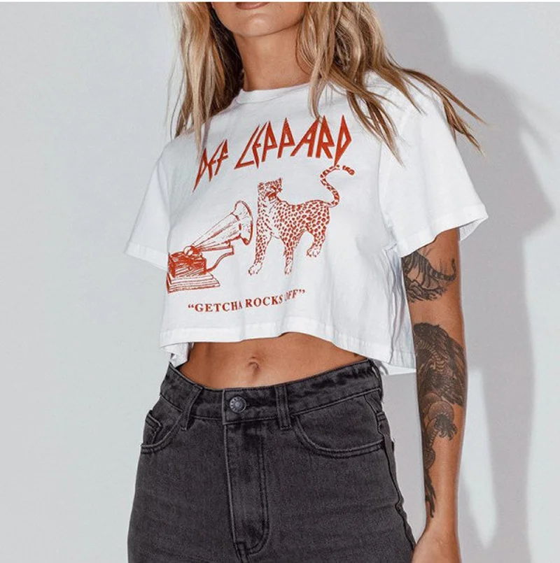 

Animal Leopard Letter Print White Sexy Crop Tops T Shirt Women Short Sleeve Loose Kawaii Clothes T Shirts Elegant Lady Summer