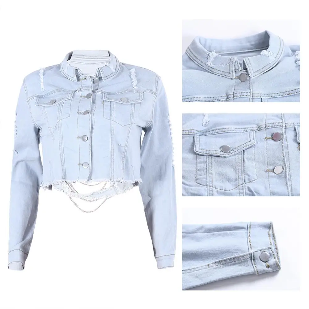 

BKLD Womens Jackets 2020 New Fashion Streetwear Clothing With Metal Chains Backless S-3XL Plus Size Denim Cropped Jackets Women