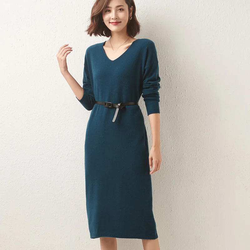 

Осенне-зимний вязаный длинный шерстяной свитер Lafarvie, женские топы, модный свободный Женский пуловер, платье с V-образным вырезом и длинным р...