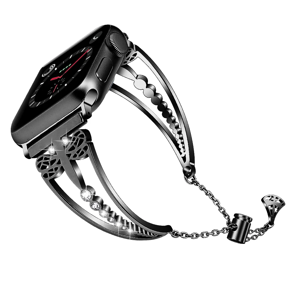 black Для женщин алмаз ремешок для наручных часов Apple Watch 38 мм, 42 мм, iWatch, версия 5 4 полоса 40 мм 44 мм, ремешок из нержавеющей стали серии 3/2/1 - Цвет ремешка: black