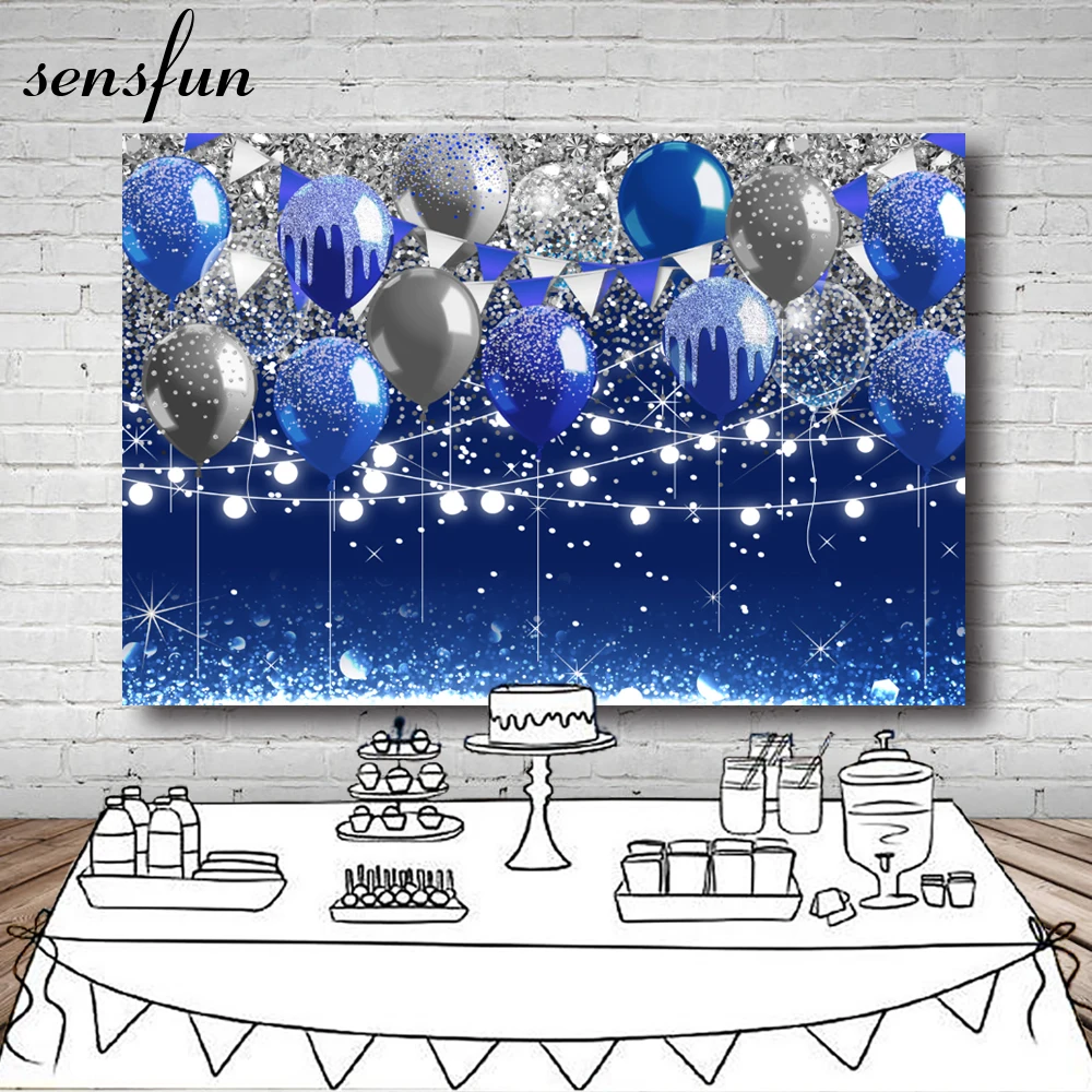 

Sensfun Glirtter Bokeh Silver Royal Blue Balloons Adult Birthday Party Backdrop For Photography Custom Background Photo Studio