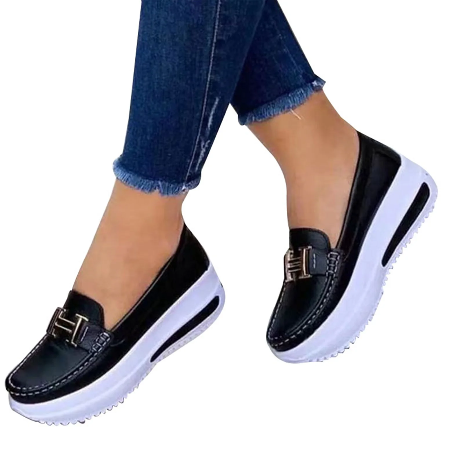 Comfortable Platform Loafers for Women Casual Flat PU Walking Shoes Vintage Style FK88