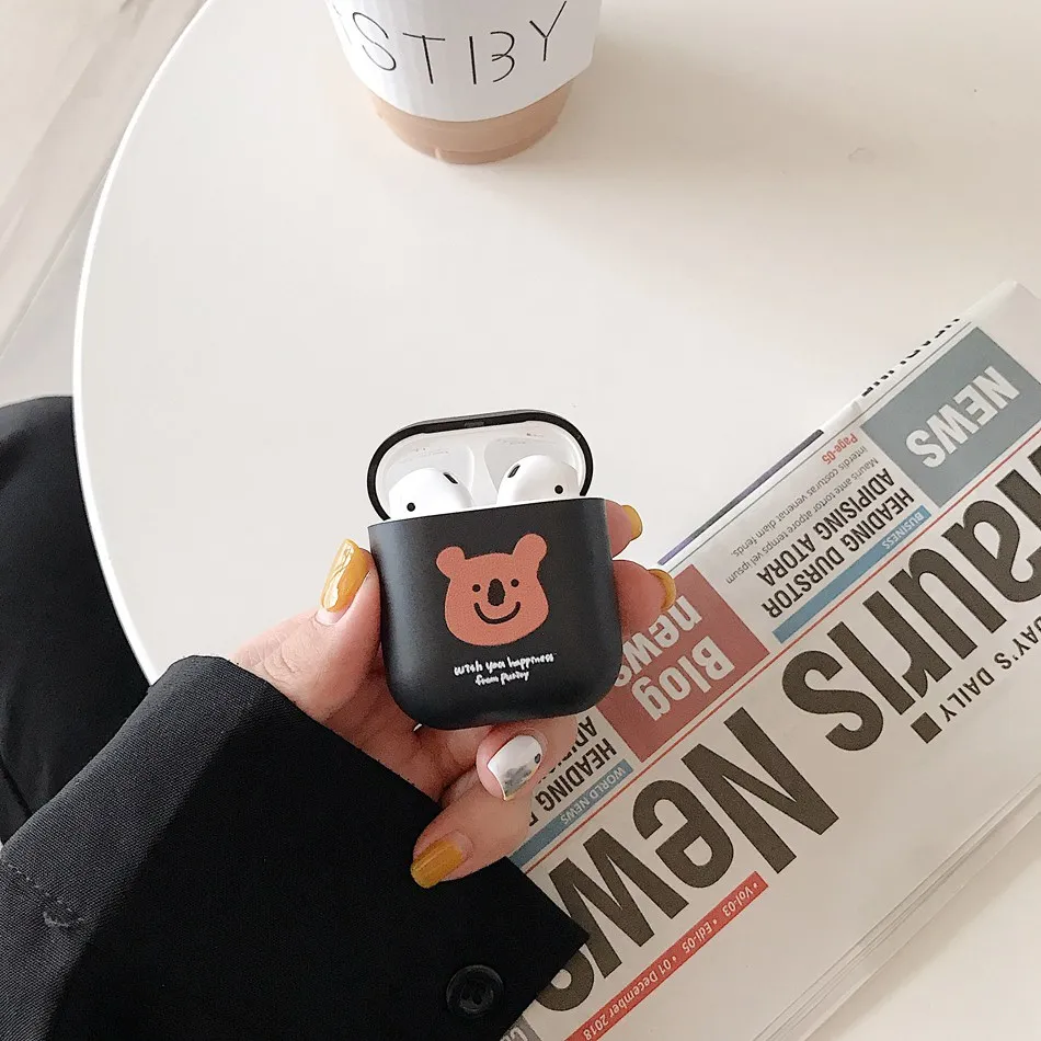 Bear Black Чехол для AirPods 1/2, милый мультяшный Радужный медведь, разноцветный цветочный узор, чехол для наушников s для Apple Airpods 2, Мягкий защитный чехол - Цвет: Bear Black