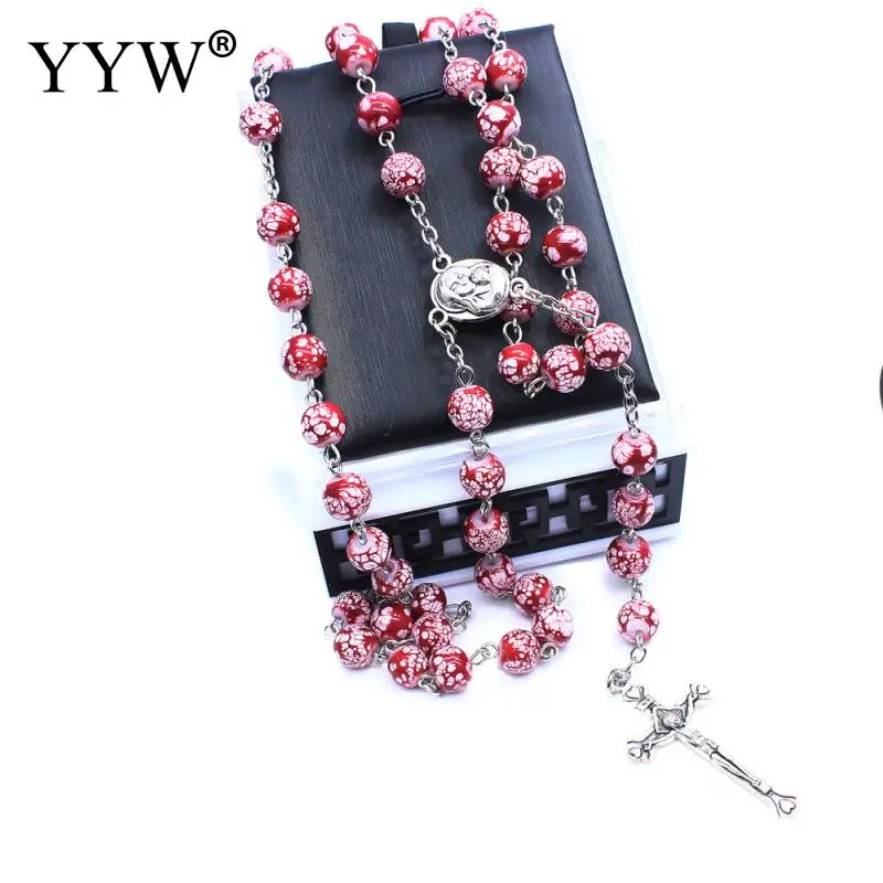 Стеклянная красная бусина четки ожерелье длинная цепочка кисточка крест кулон