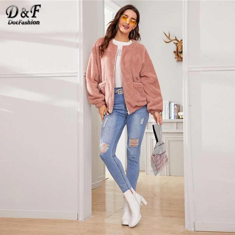 Dotfashion Розовый Повседневный плюшевый теплый жакет для женщин осень двойной карман деталь на молнии куртки дамы розовый сладкий пиджаки