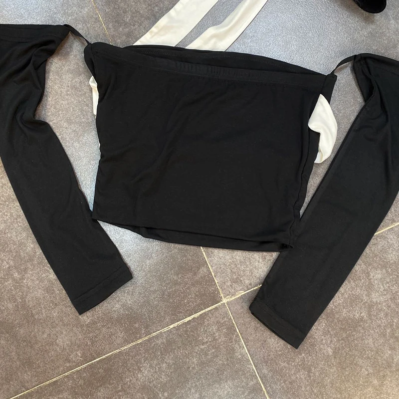 

SISPELL Patchwork Strap T Shirt For Female Hang A Neck Long Sleeve Off Shoulder High Waist Slimming Hit Color Women's T Shirt