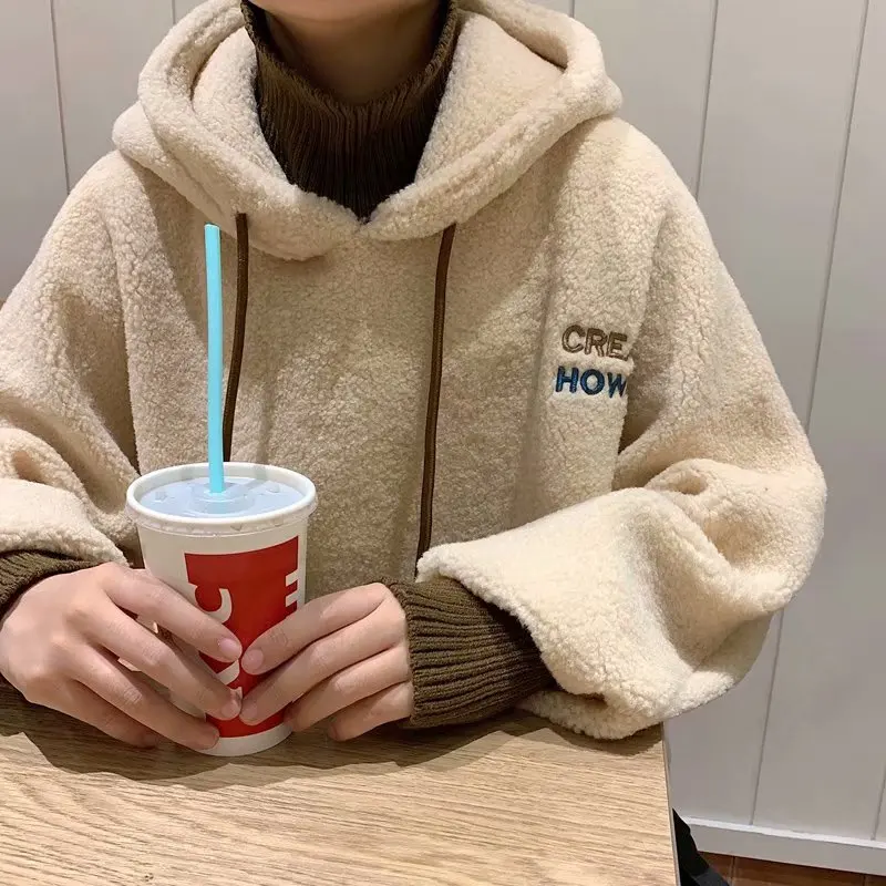 

Fake Two-Piece Hoodie Men's Plus Velvet Thickening Solid Color Trend Hip-Hop Loose Lamb Wool Coat Autumn And Winter Casual New