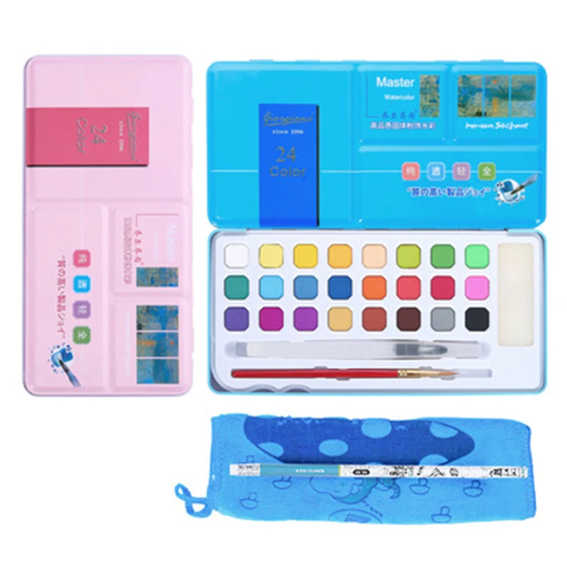 

18/24 colors Solid Watercolor Paint Set Portable Travel Iron Box Pigment With Water Color Brush Pen For Drawing Art Supplies