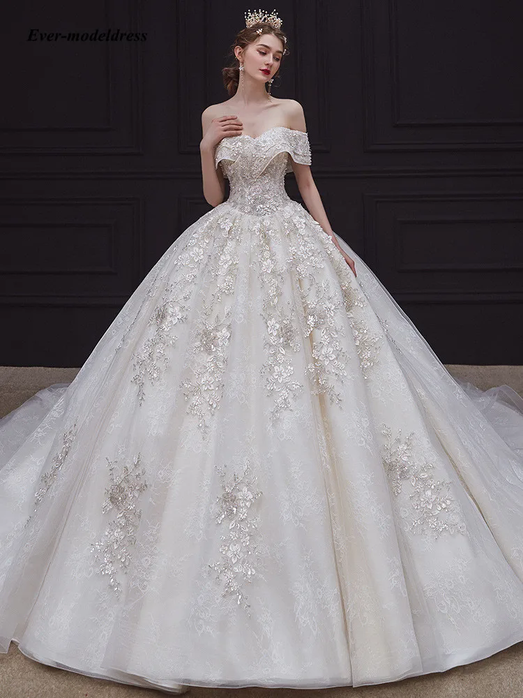 

Luxury Off Shoulder Ball Gown Wedding Dresses 3D-Floral Appliques Beaded Lace-up Wedding Gowns Bride vestidos de novia 2021
