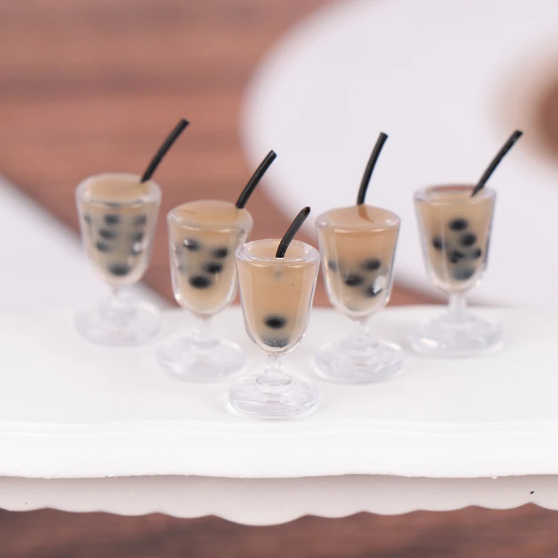 

New Arrival！5Pcs 1:12 Dollhouse Miniature Pearl Milk Tea Drink Straw Cup Model Kitchen Decor