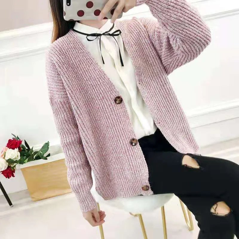 

FREE OSTRICH Cardigan Sweater For Women Button Loose V-neck Loose Sweater Fashion Female Casual Solid Knitte Jumper Top