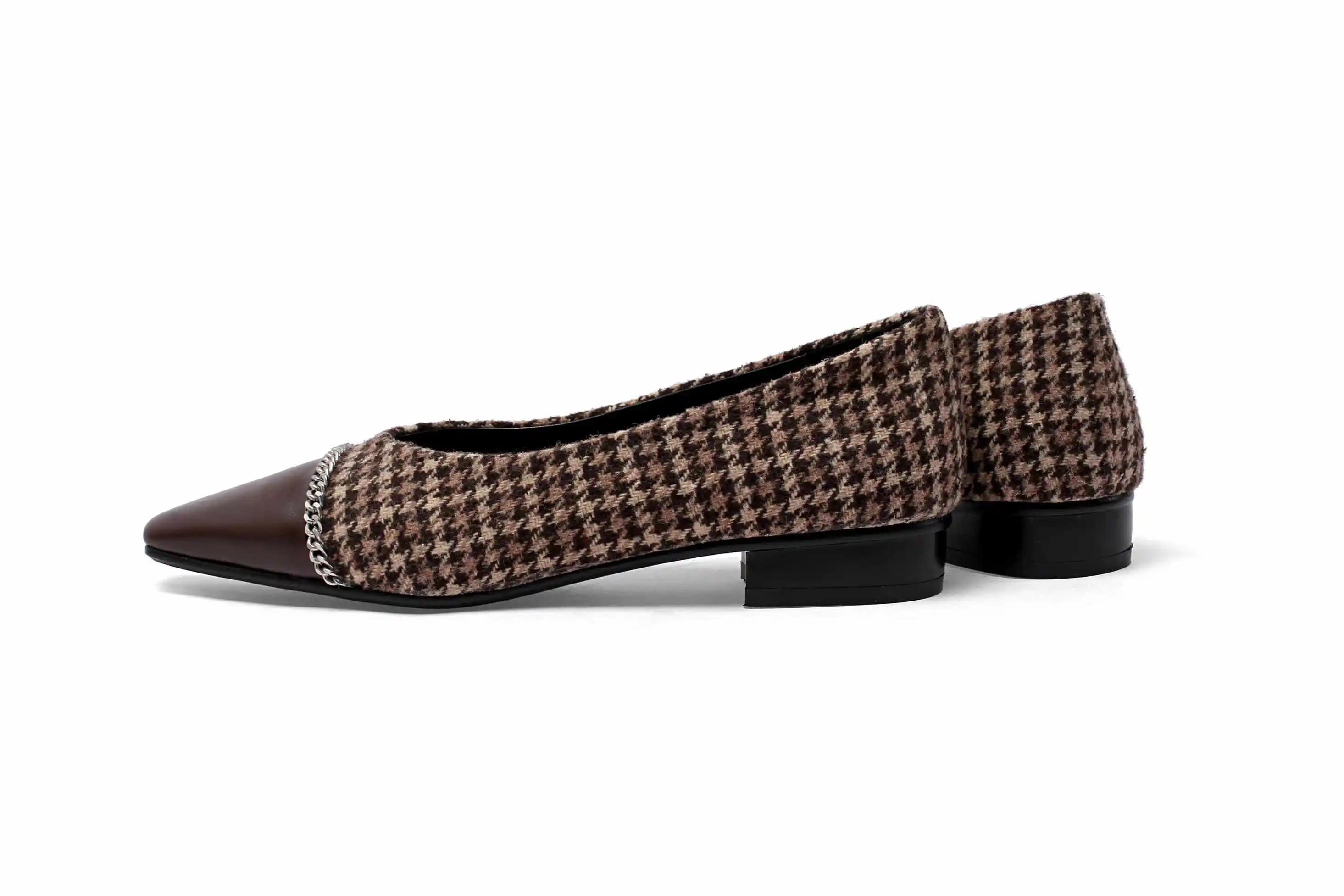 

Lenkisen new western style big size mixed cloth square toe gingham chains slip on low heels maiden high street fashion pumps L11