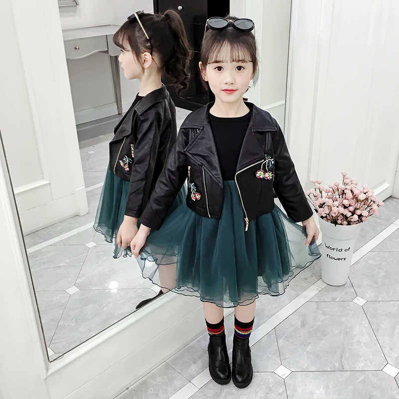 Одежда для девочек комплект одежды детей Изысканная осенняя одежда кожаная