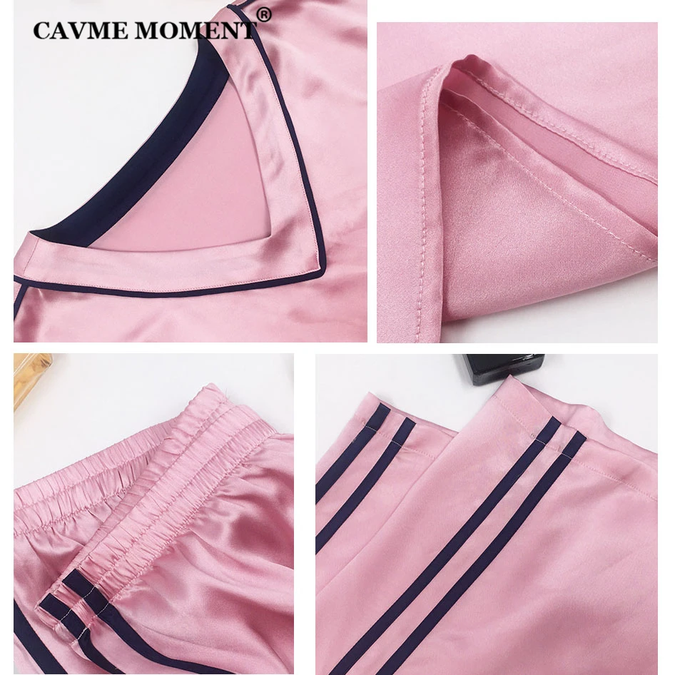 CAVME V-neck Real Silk Pajama Sets for Women Ladies Luxury Sleepwear Sets 2 Pieces 100% Silk Homeclothes PLUS SIZE