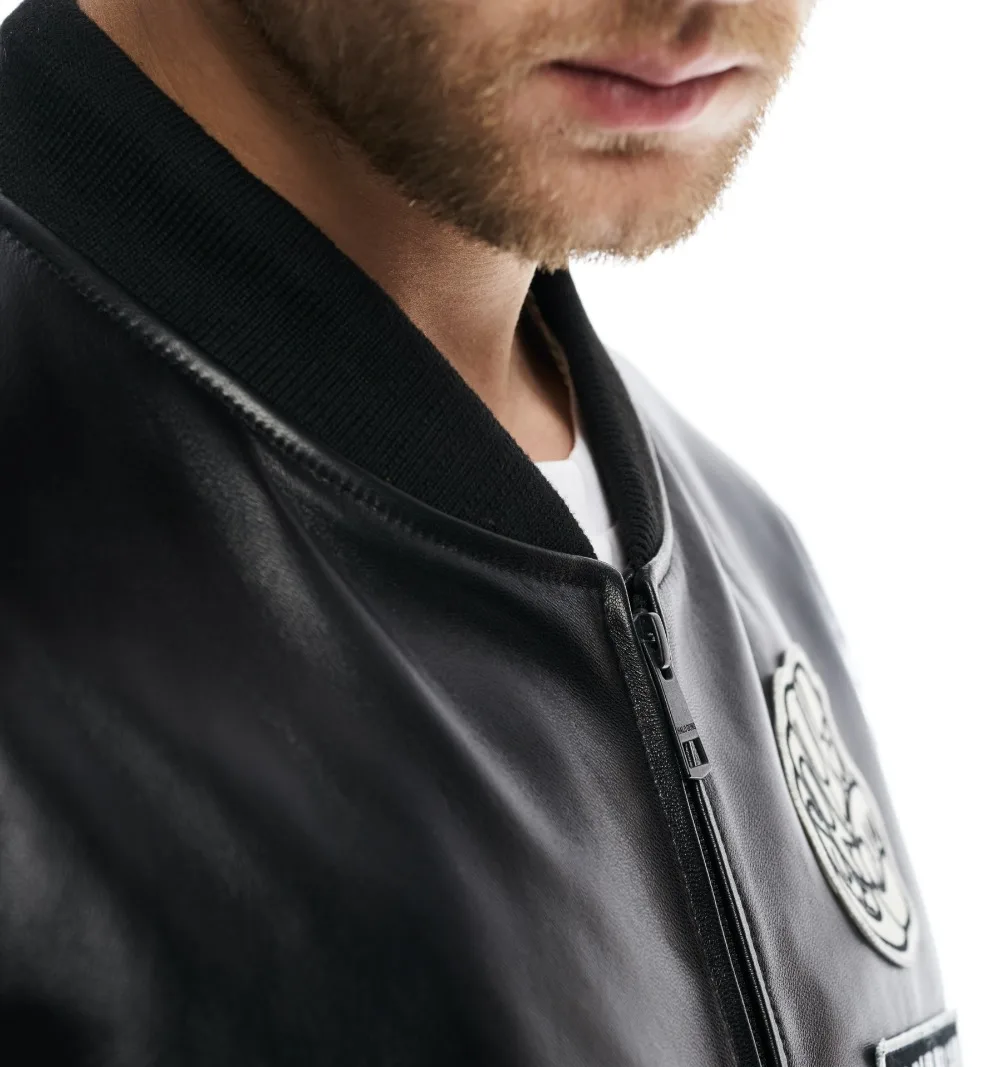 

hip pop men's style genuine leather jacket with patches stand collar sheepskin baseball jacket men soft leathe coat male