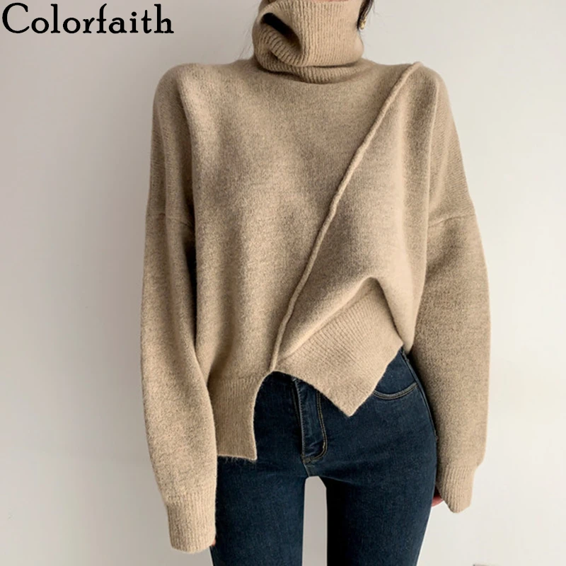

Colorfaith New 2021 Women Autumn Winter Sweaters Knitted Vintage Fashionable Split Oversized Turtleneck Elegant Tops SW2218A