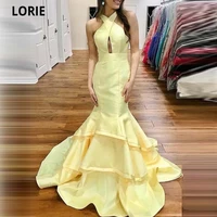 lorie yellow halter sleeveless vestidos de fiesta de noche court train mermaid satin pleated evening dresses prom party gowns