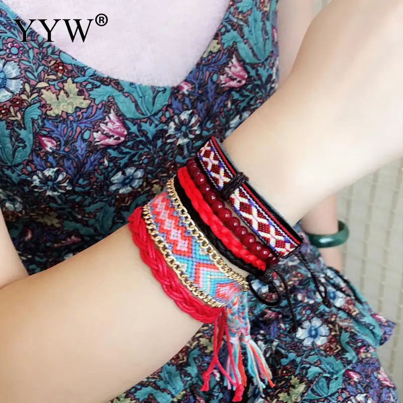 YYW богемный стиль унисекс браслеты красный хлопок 5 слоев нить вощеный шнур для