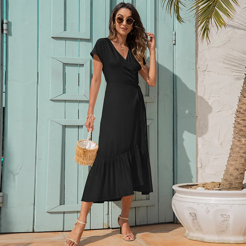 

2021S fashion women's summer new product V-neck tie irregular simple slim dress Black