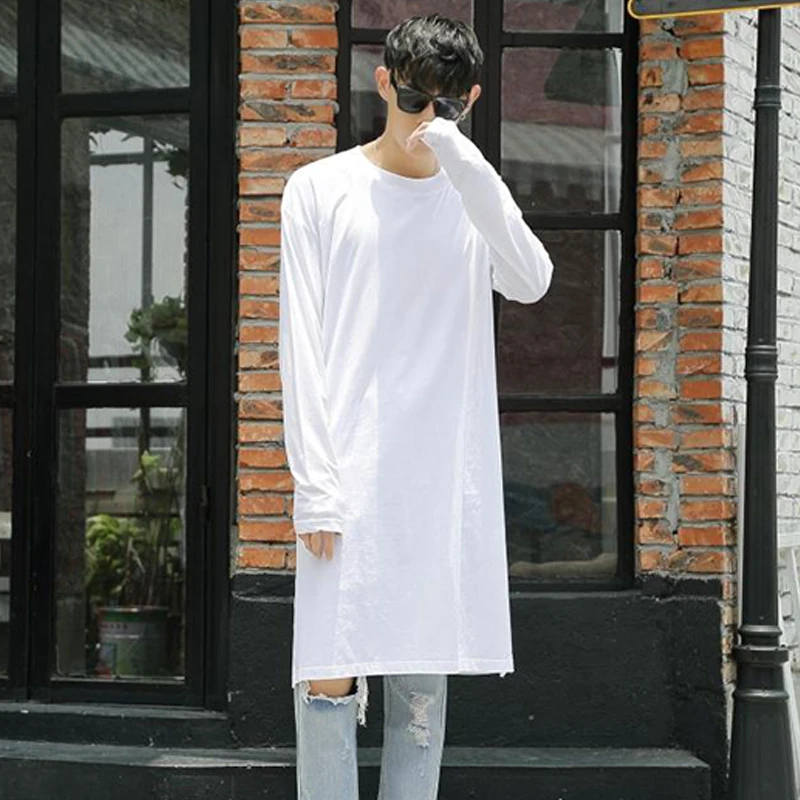 Spring and Autumn Korean Men's Long Sleeve T-Shirt Street Fashion England Simple Wild Super Solid Color Large Size T- | Мужская
