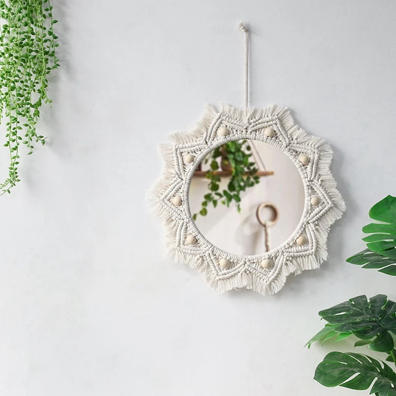 

Macrame Mirror Handmade Tapestry Makeup Mirror Compact Bohemia Decoration Home Bedroom Decorative Wall Mirror