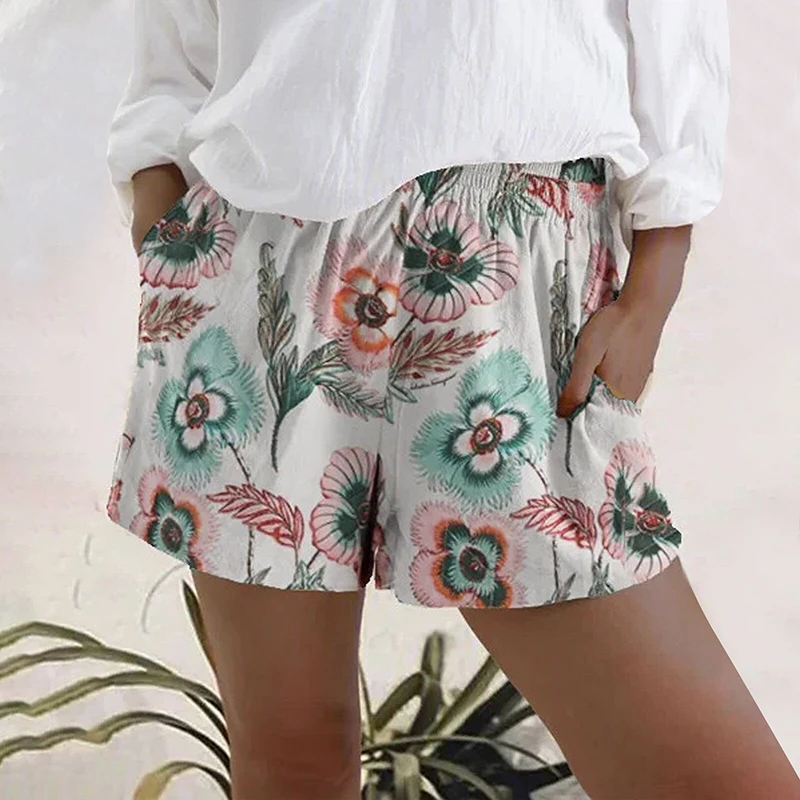 

Ladies Summer New Style Pants Elastic Waist Printing Pocket Straight Shorts Casual Loose Home Everyday Style Jeans For Women