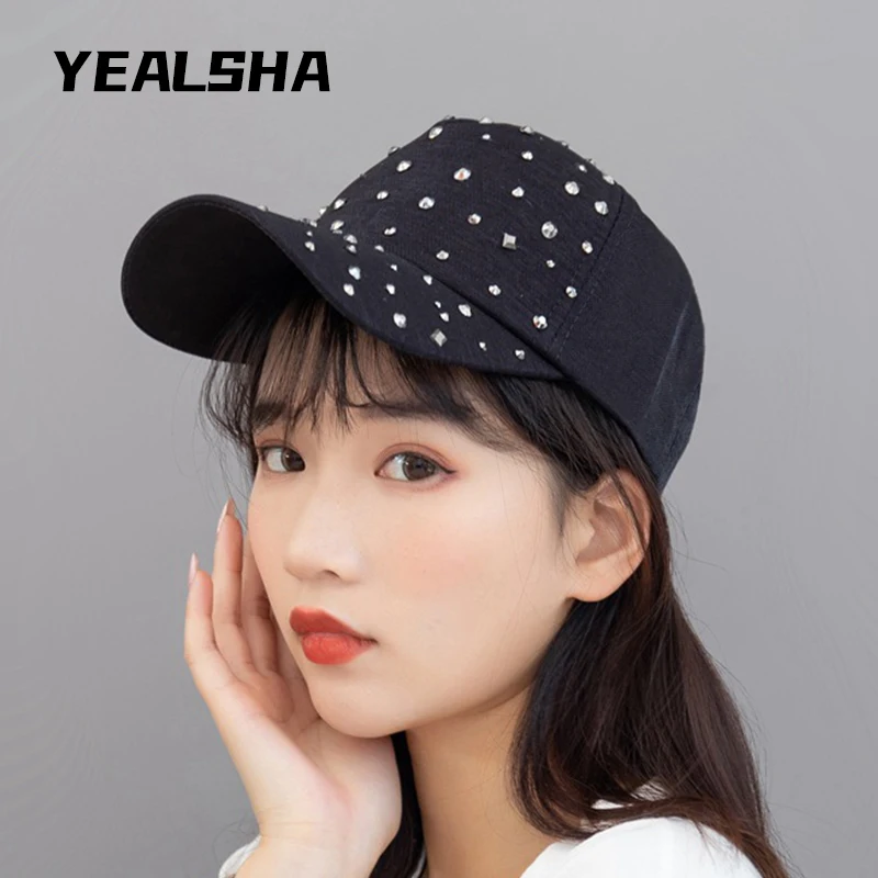 

New Style Korean Summer Baseball Cap Fashion Ladies Cap Bright Diamond Rhinestone Baseball Cap Solid Color Cotton Hip-Hop Cap