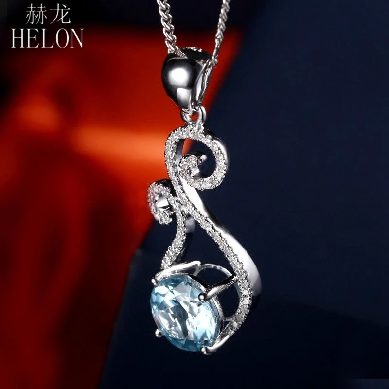 

HELON 925 Sterling Silver Round 2.1ct ct Genuine Sky Blue Topaz Diamonds Engagment Pendant Women Vintage Fine Jewelry Best Gift