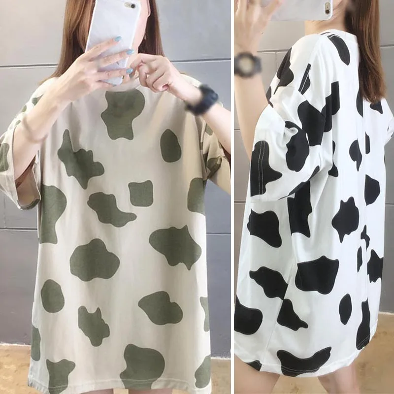 

Jlong Cow Printed Round Neck T Shirts Women Cozy Short Sleeve Tops Female Length Loose Top