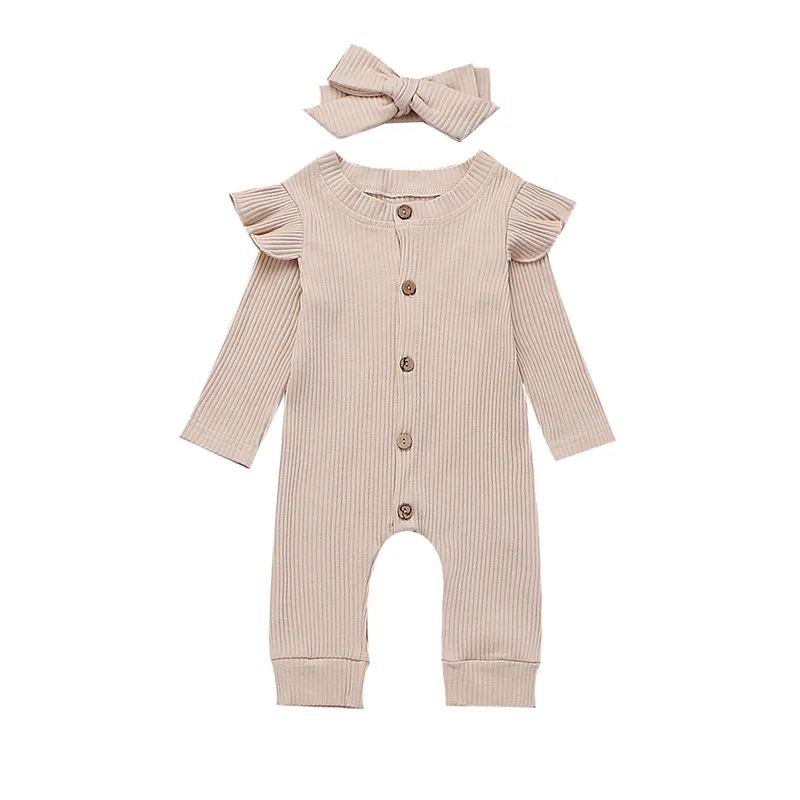 Newborn Baby Girls Boys Clothes Knitted Ruffle long sleeve Button round neck Romper solid bow Headband 2pc kids Autumn Outfits | Детская