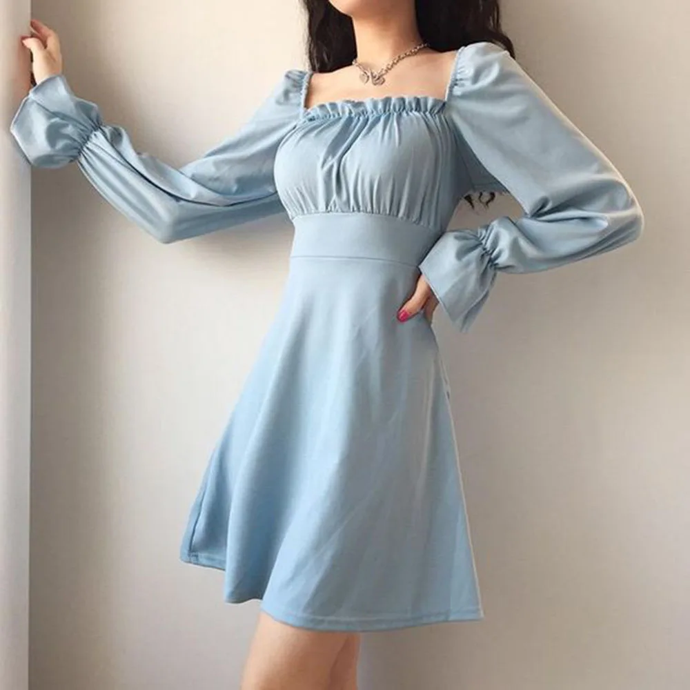 

Women's Autumn New Dress Casual Simple Fashion Commuter Style Solid Color Square Collar Long Sleeve Slim High Waist Dresses