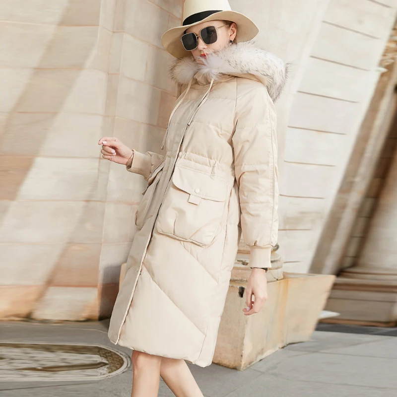 Janveny Winter Down Jacket Women Large Natural Raccoon Fur Collar Hooded Thick White Duck Coat Long Female Feather Parkas | Женская