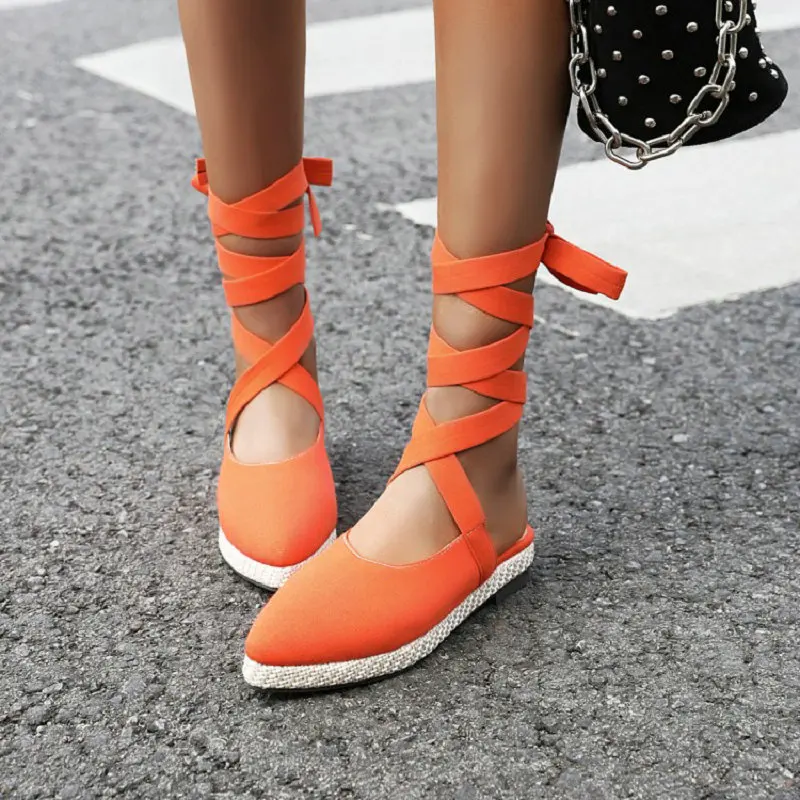 

Sianie Tianie 2020 summer orange yellow casual leisure womens sandals ankle strap cross-tied woman flats sandals plus size 46 45