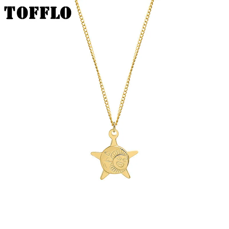 

TOFFLO Stainless Steel Jewelry Five Pointed Star Sun Moon Necklace Female Personality Clavicle Chain BSP739