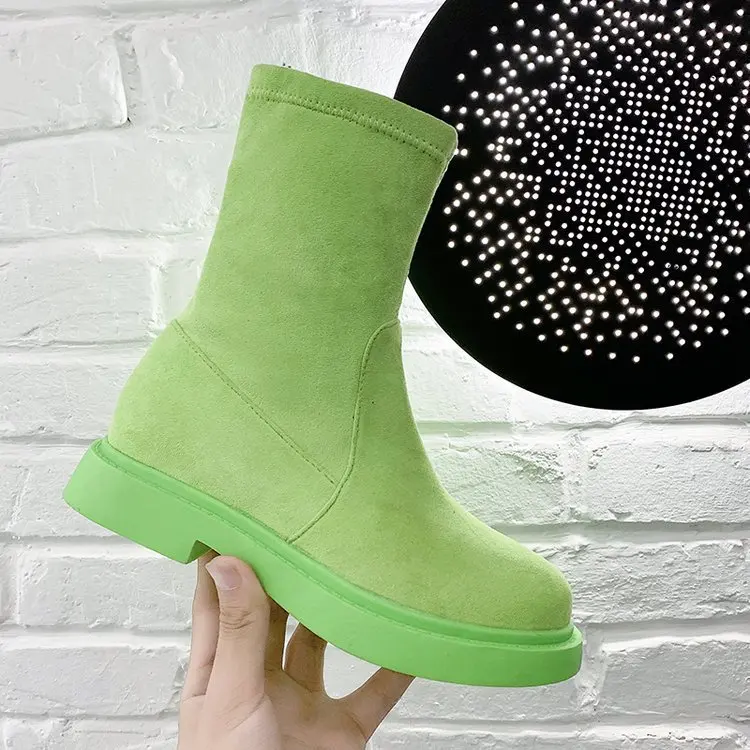 Mid-Calf Классические женские сапоги до колена из флока осенне-зимние сапоги без застежки с круглым носком на плоской подошве женская обувь из хлопчатобумажной ткани в стиле ретро - Цвет: Mid-Calf