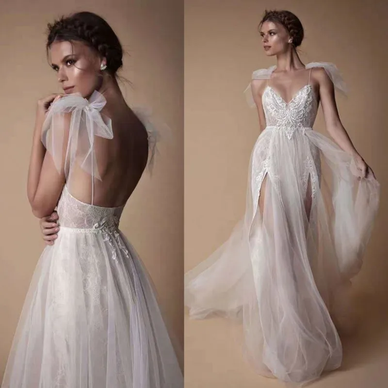 Vestido De Noiva сексуальное прозрачное кружевное богемное пляжное свадебное платье с открытой спиной и бантом, Тюлевое кружевное свадебное платье с разрезом спереди