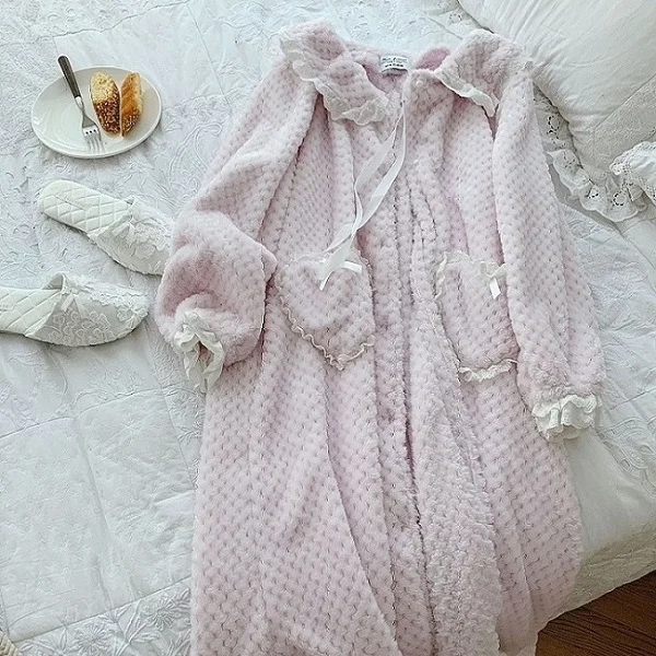 Light Purple Осенне-зимнее мягкое теплое милое женское плотное Фланелевое платье винтажное платье принцессы с бантом и большим карманом, большие размеры, женское нижнее белье розового/фиолетового цвета - Цвет: Light Purple