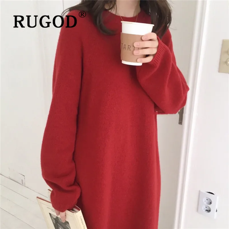 Женское платье свитер RUGOD однотонное простое плотное трикотажное с круглым