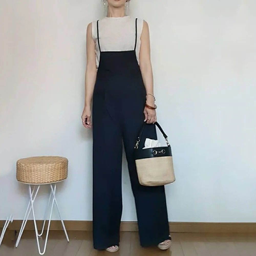 

Jumpsuit Women One Piece Chic Full Length Micro-Elastic With Pocket Straight Loose Plain Suit Casual Office Long Rompers