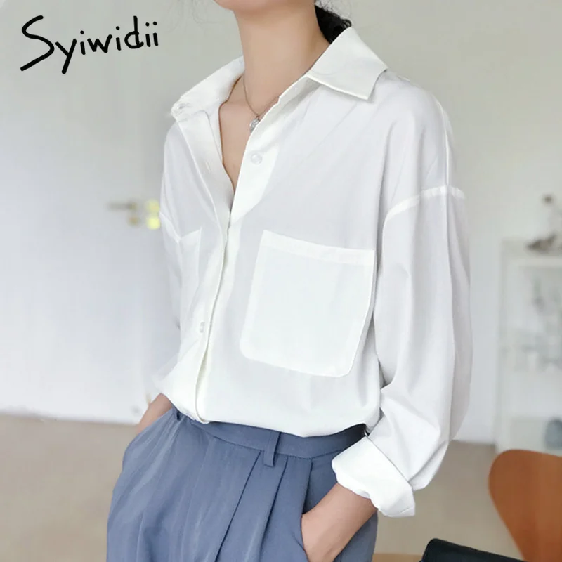Syiwidii рубашка женская шифоновая и блузка мода однотонный белый элегантный OL