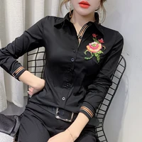 2020 new summer korean clothes embroidery flower blouse womon beading diamonds woven nylon shirt women long sleeve tops t02503