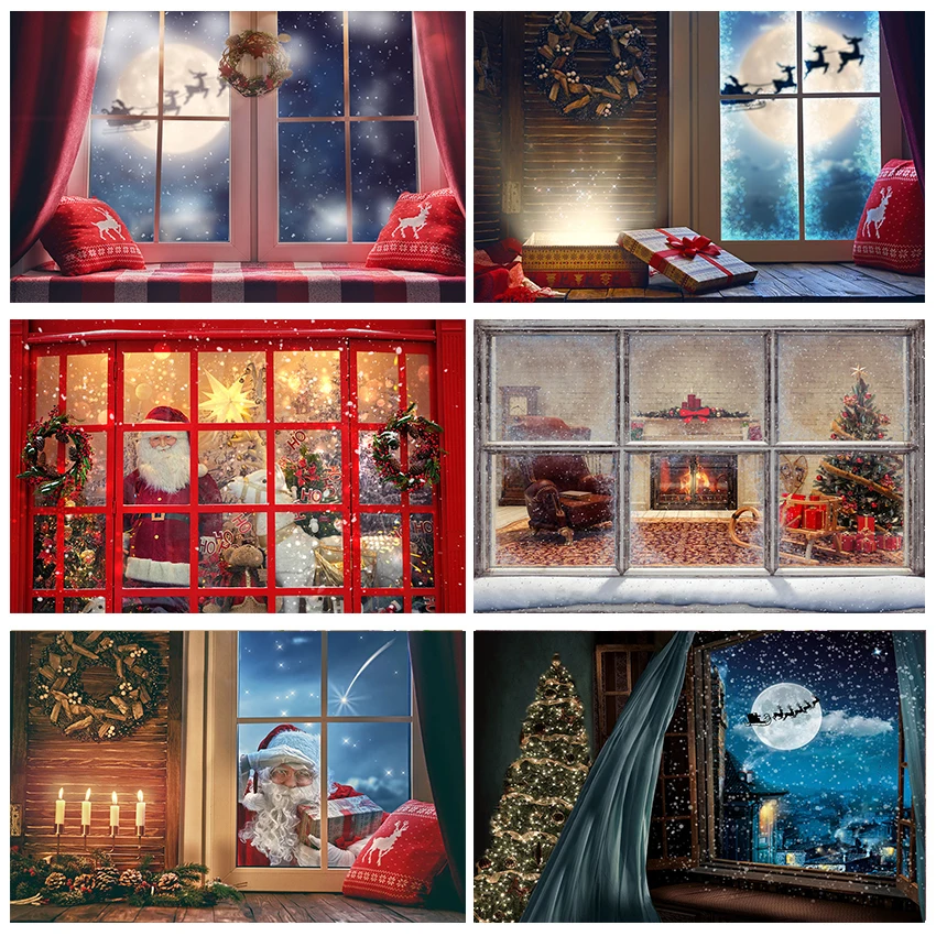 

Mocsicka Christmas Photography Background Window Santa Claus Decoration Style Child Portrait Photo Backdrops Photography Studio