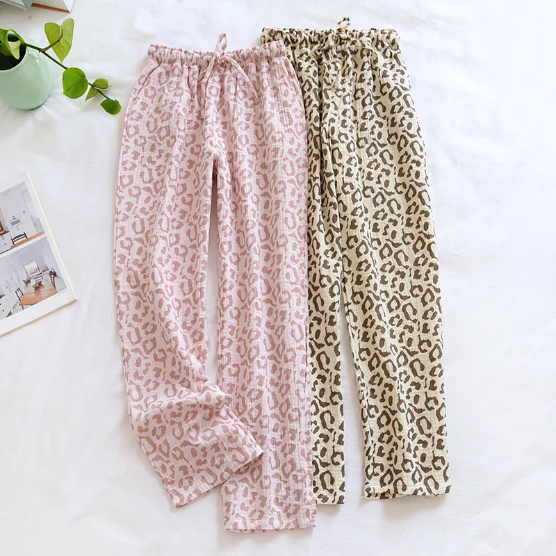 Spring and Summer Women Sleep Bottoms Loose Cotton Crepe Pajama Pants Fashion Simple Trousers Leopard Lounge Wear Home Sleepwear