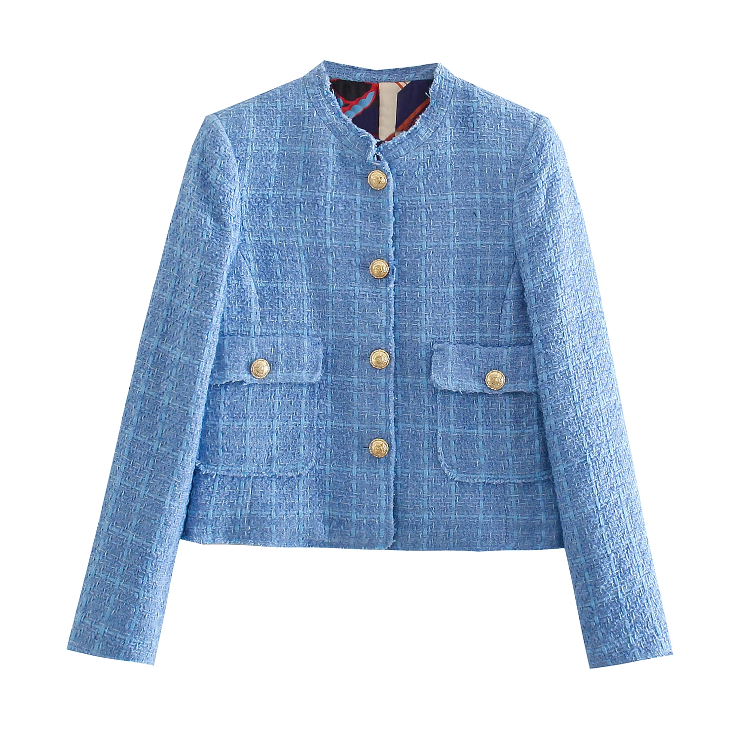 

Women Autumn Spring Blue Plaid Grain Chic Lady Casual Fashion Jacket Coat With Lining Female O Neck Single Breasted Pocket Top