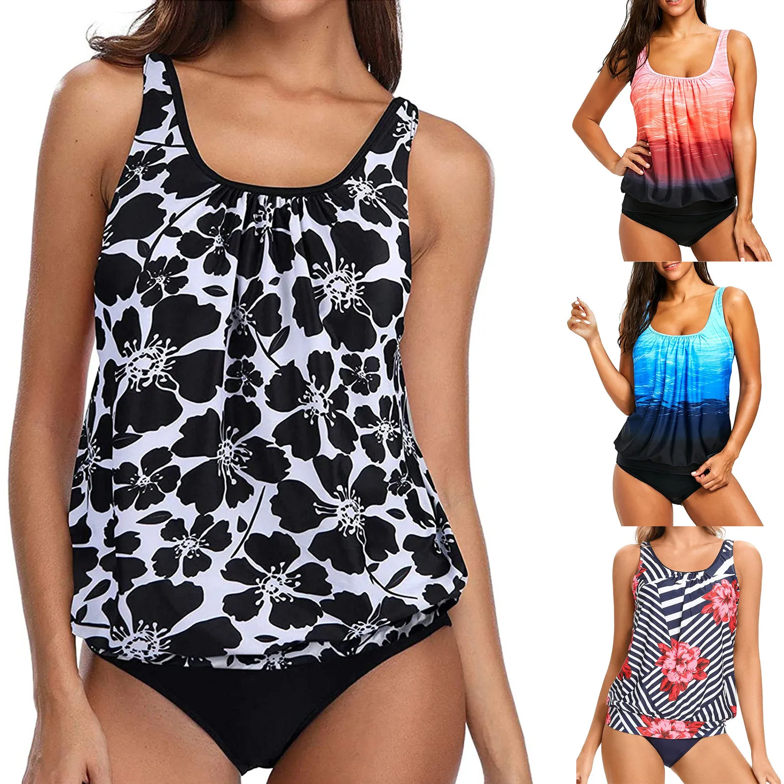 

Plus Size Swimwear Women Black Tankini Tummy Control Swimwear Tank Top Retro Solid Swimsuit With Shorts Two Piece Bathing Suit