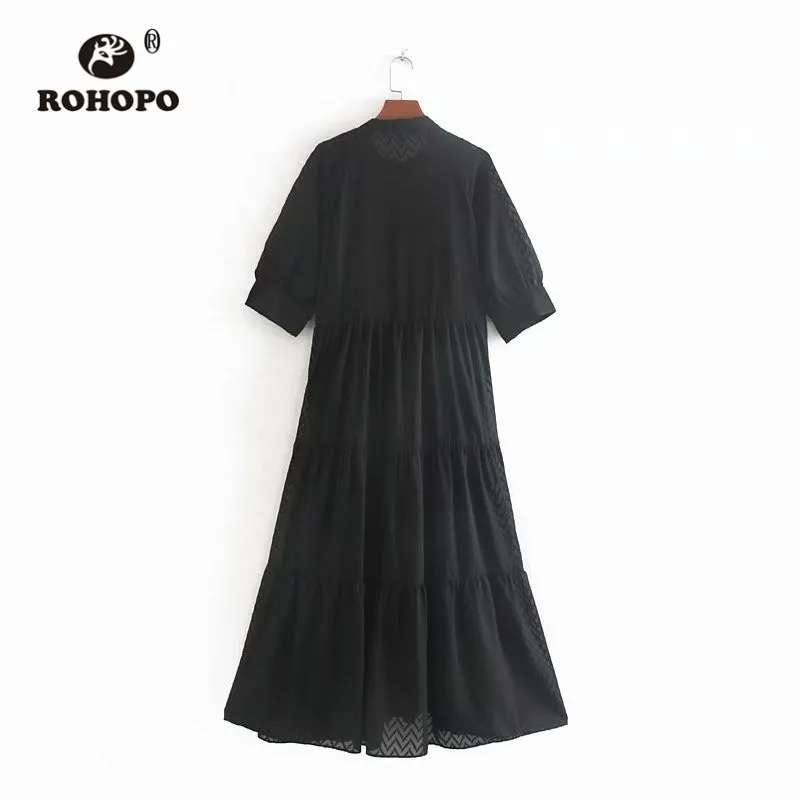 ROHOPO, круглый воротник, вышивка, волнистое, многослойное, черное, шифоновое, миди платье, двойной слой, s, топ, пуговицы, плиссированное, макси, Vestido#9372